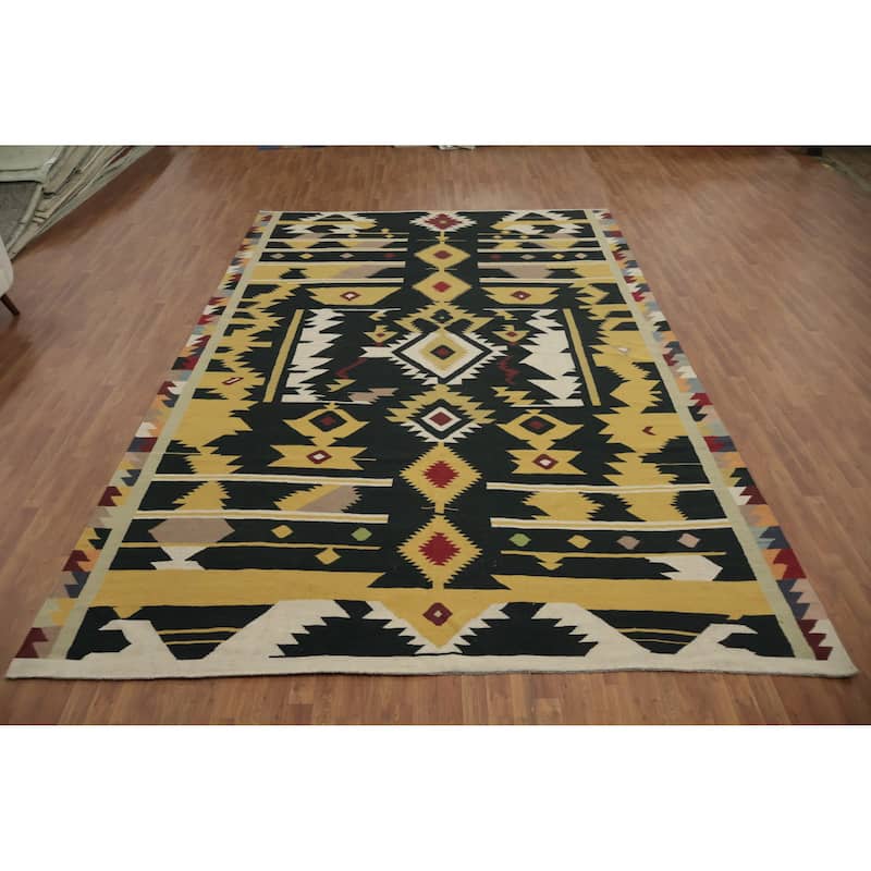 Hand Woven Oriental 100% Wool Carpet Southwestern Tribal Black Kilim Area Rug - 14' 11'' X 9' 9''