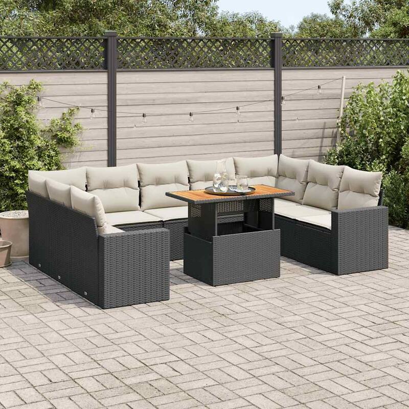vidaXL Patio Sofa Set with Cushions Table and Sofa Modules 10 Piece Poly Rattan - 21.7 x 39.4 x 28.7 - Black and cream
