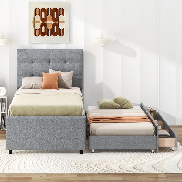 slide 2 of 11, Upholstered Twin Platform Bed with Trundle and Storage Grey - Twin