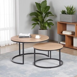 Nesting Coffee Table Set of 2, 31.5" Oak Wood & Metal, Modern ...
