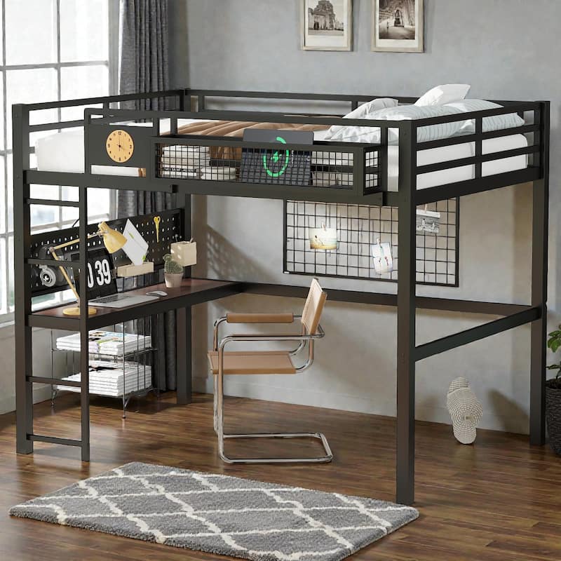 Queen Metal Loft Bed with Desk, Pegboard, Storage Basket, Clock, USB Charging Port & Space-Saving Workstation