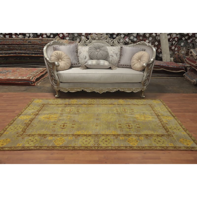 Hand-knotted Transitional Silk Carpet Green Oushak Rug Geometric Oriental Area Rug - 8' 0'' X 4' 11''