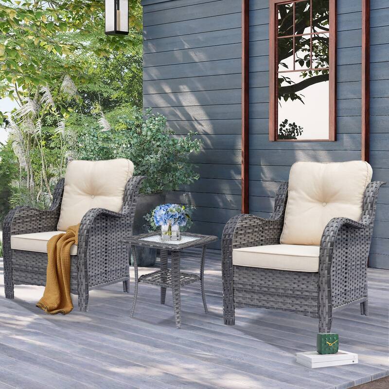3 Piece High Back Wicker Rattan Outdoor Patio Furniture Chairs Set - Beige-Gray Rattan