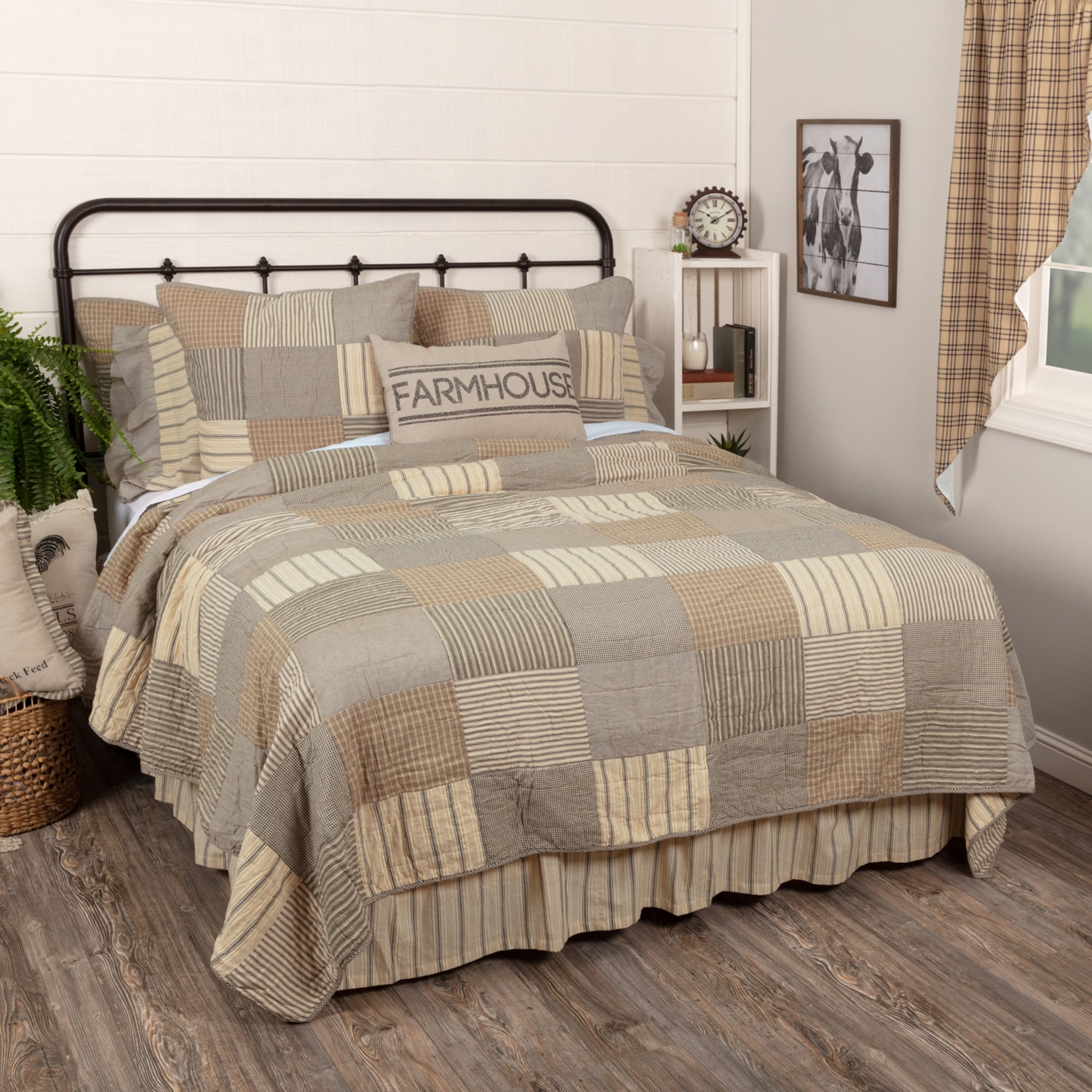 SAWYER MILL King Quilt Patchwork Block Farmhouse Country Charcoal Gray/Tan/Creme 