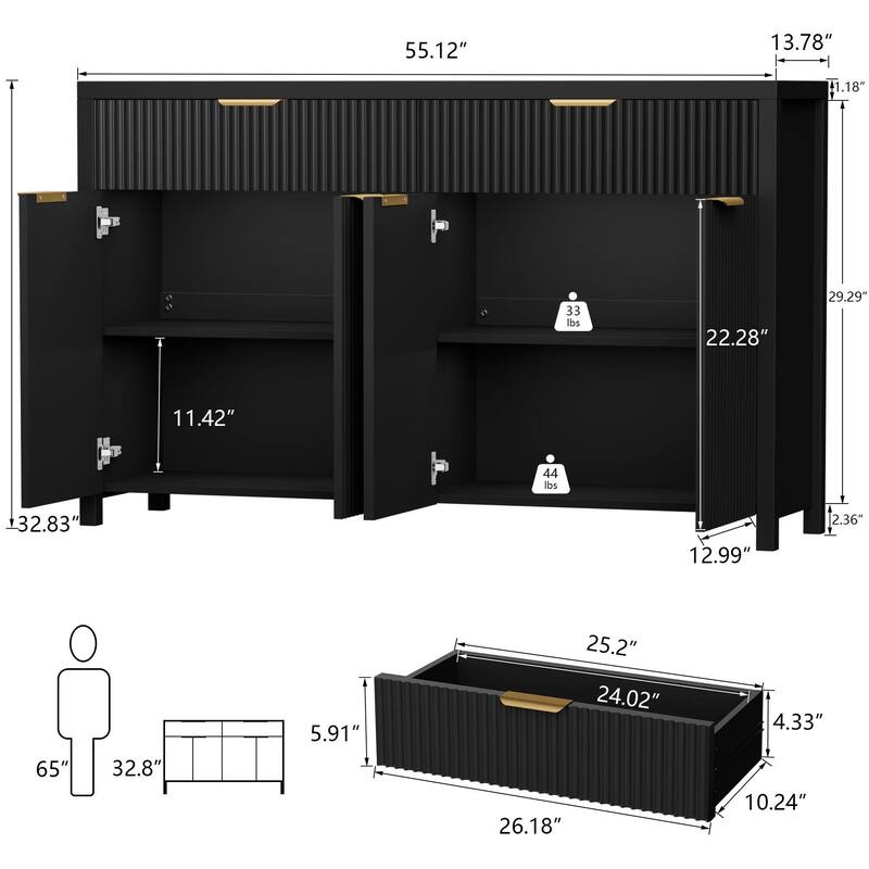55"Fluted Sideboard Buffet Cabinet with Storage Drawers and Adjustable Shelves