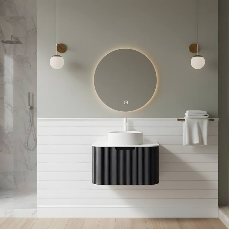 Wall Mounted Bathroom with White Round Ceramic Basin and Drawer - Black - 24