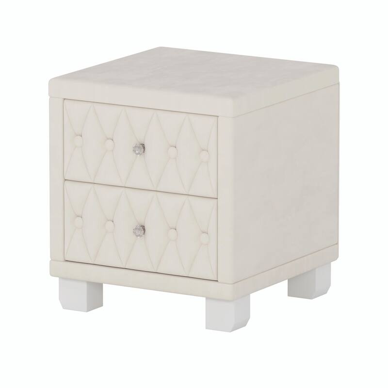 Velvet Nightstand with 2 Drawers and Crystal Handles