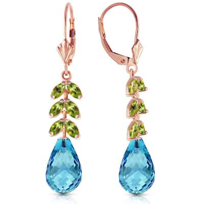 14K Solid Gold Leverback Gemstone Earrings Peridot & Blue Topaz