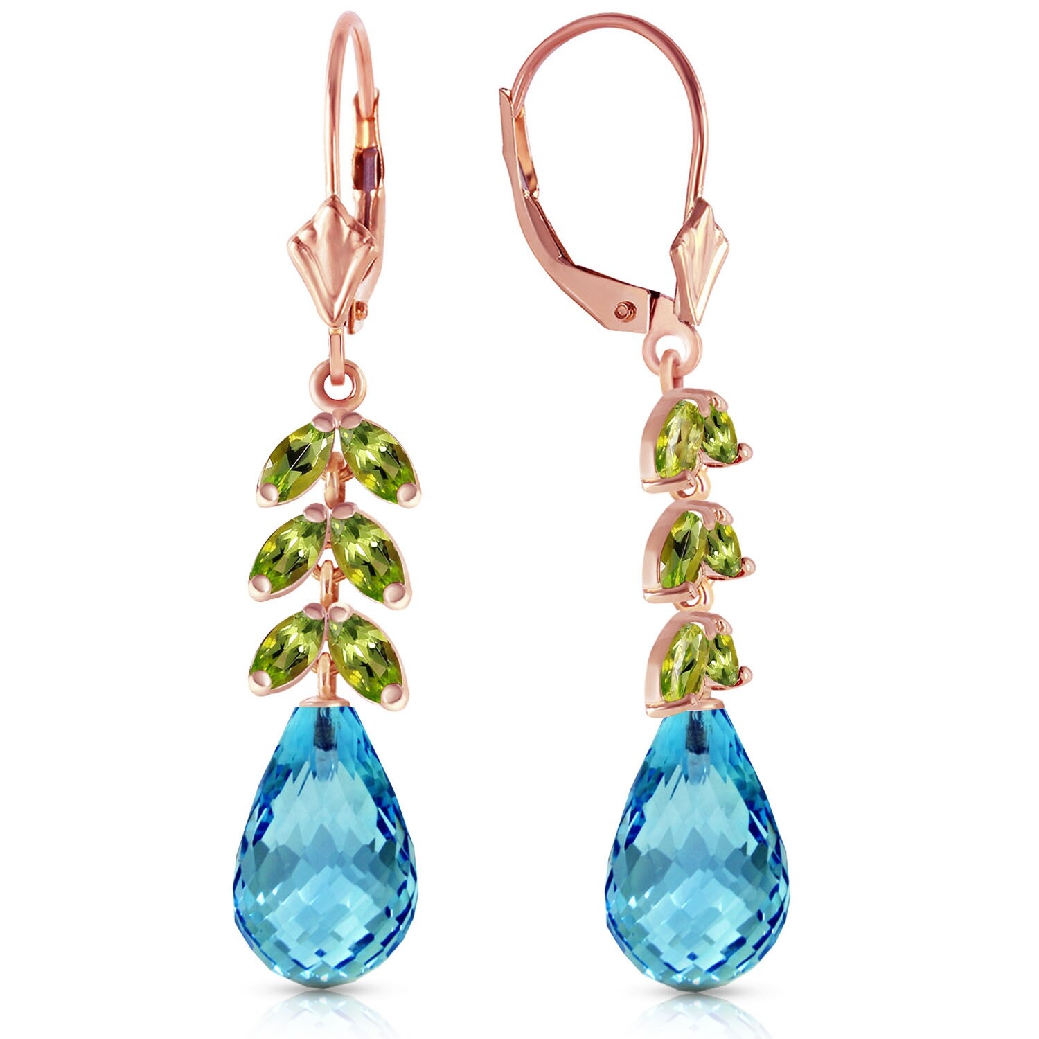 MayaMila 14K Solid Gold Leverback Gemstone Earrings Peridot & Blue Topaz