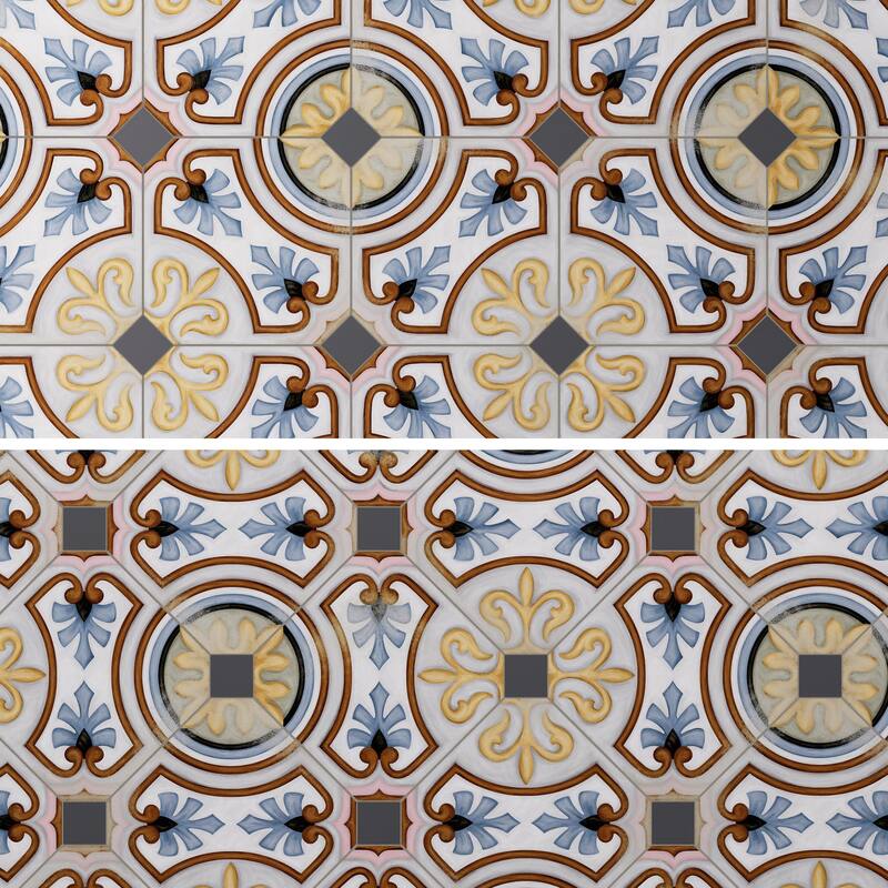 Merola Tile Vaudeville Octagon Deco Diglas with Taco Antracita 7-7/8" x 7-7/8" Porcelain Floor and Wall Tile