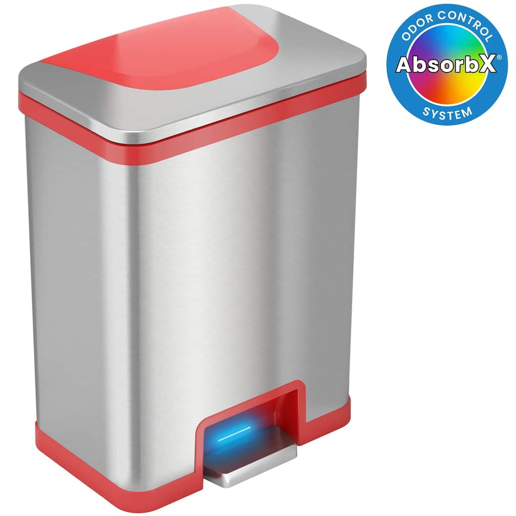 iTouchless 13 Gallon / 49 Liter AutoStep Sensor Kitchen Trash Can with Odor Filter (Red Trim)