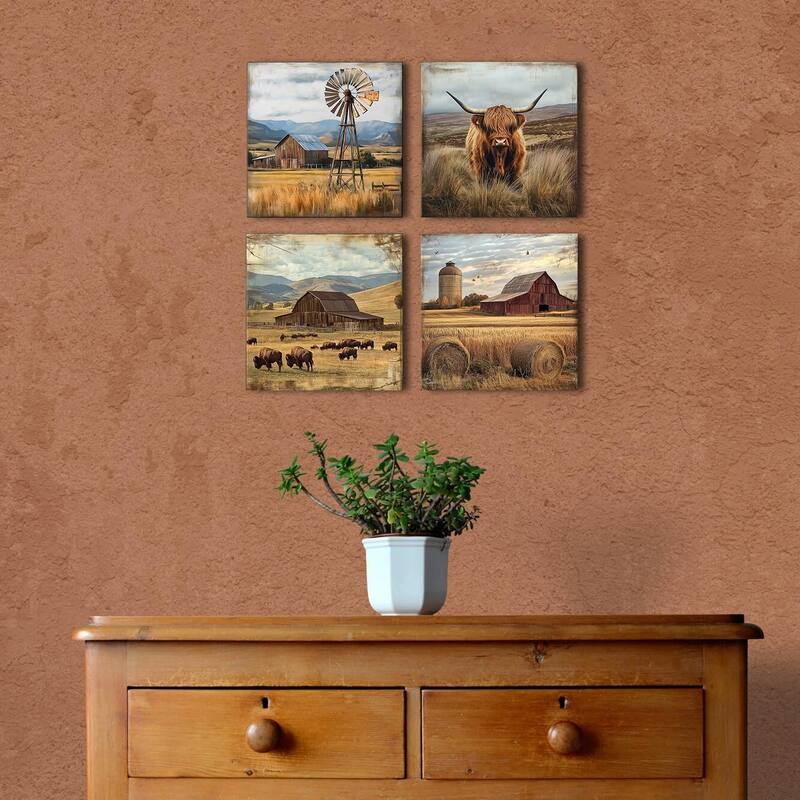 Cow Wall Art Farmhouse Kitchen Decor Rustic Windmill Barn