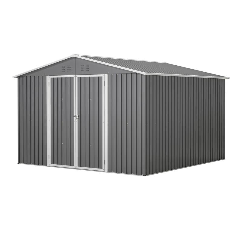 10x10 FT Outdoor Storage Shed, Utility Metal Tool Storage with Lockable Doors and Updated Frame Structure, Large Metal Shed