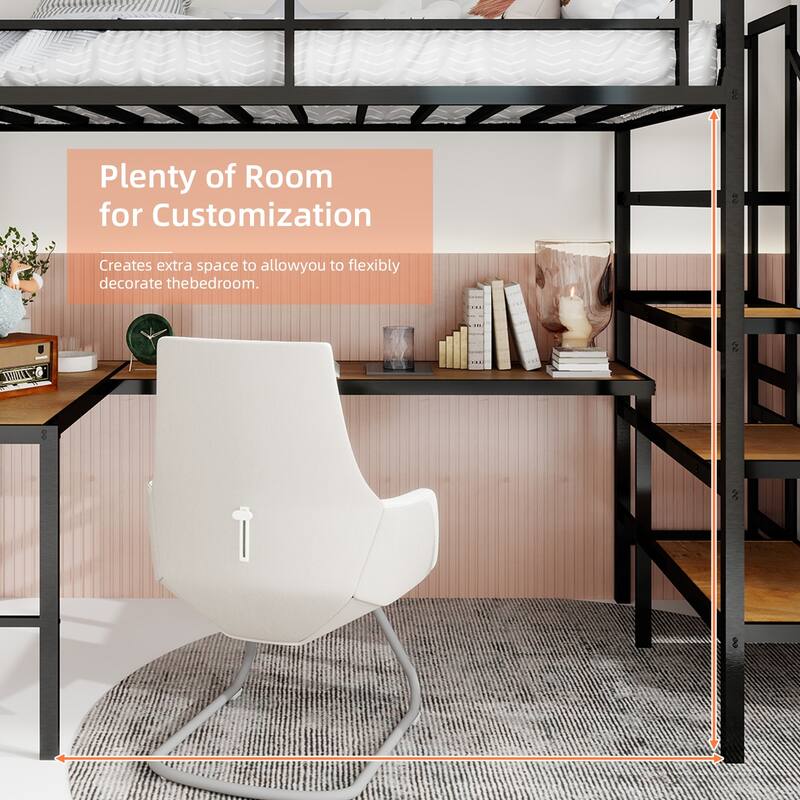 Loft Bed With L-Shaped Desk, Large Storage Space And Storage Compartments, Sturdy Bed Frame With Stairs, Continuous Belt Railing