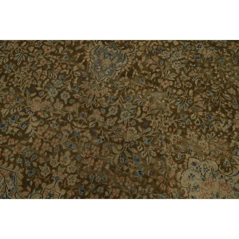 Hand Knotted Oriental 100% Wool Carpet Traditional Floral Brown Kerman Area Rug - 13' 4'' X 9' 6''