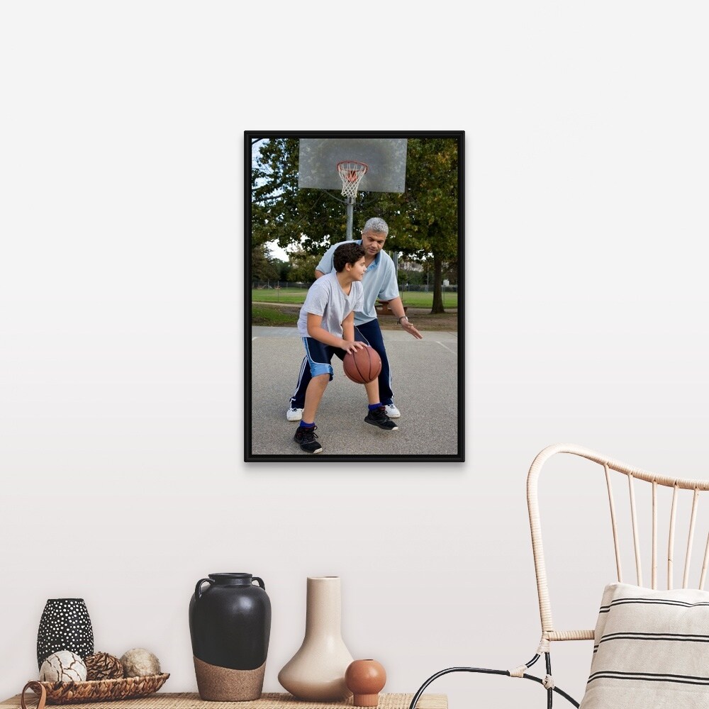 Shop Father And Son Playing Basketball Black Float Frame Canvas
