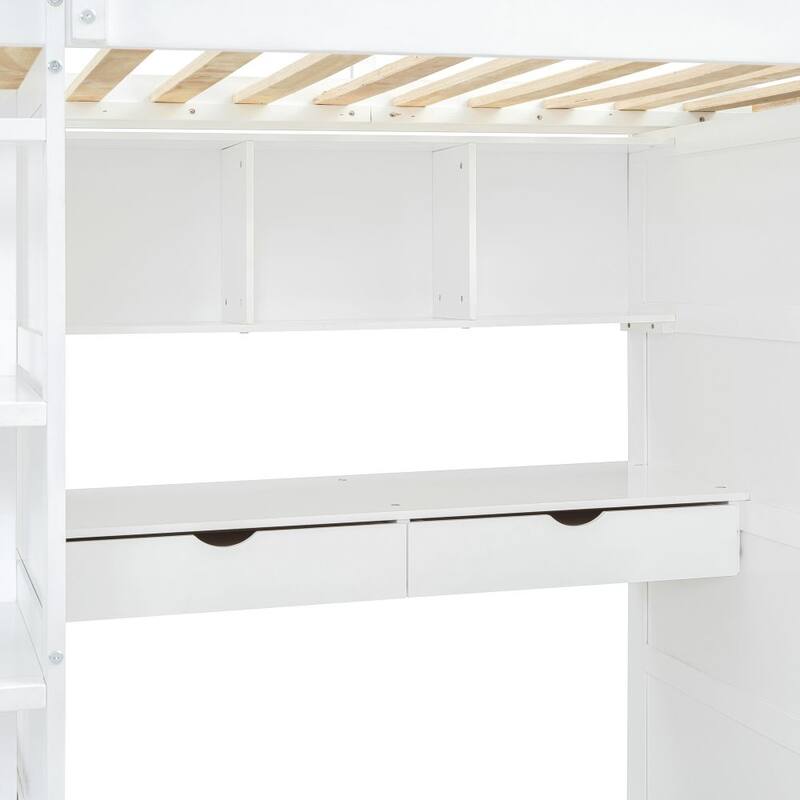 Twin Size Loft Bed with Desk, Wardrobes, 4 Drawers and 4 Shelves