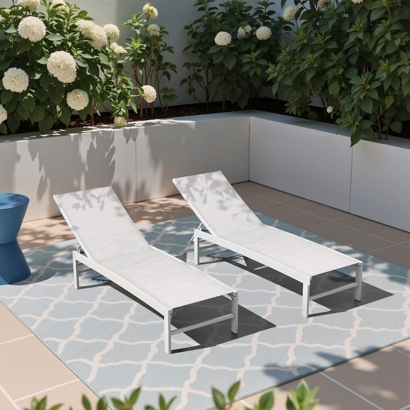 Outdoor Pool Lounger Aluminum All-weather Adjustable Chaise Lounge Chair - See Picture - White/Grey/Blue Fabric, White Frame - Set of 2