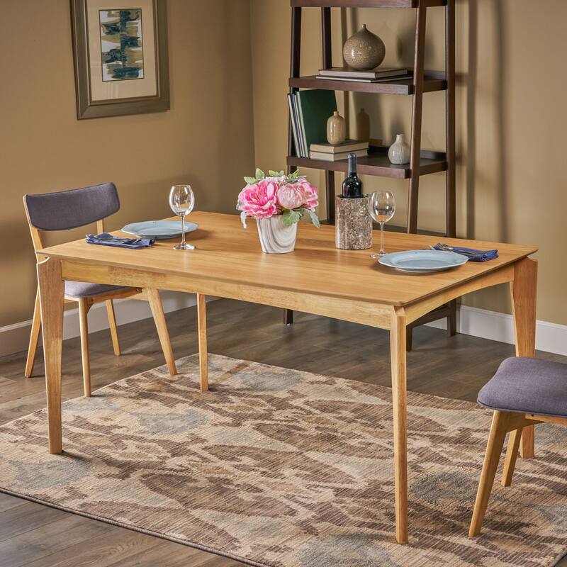 Dining Table, 6-Seater, Rubberwood with Walnut Veneer, Mid-Century, Natural Oak Finish - Natural