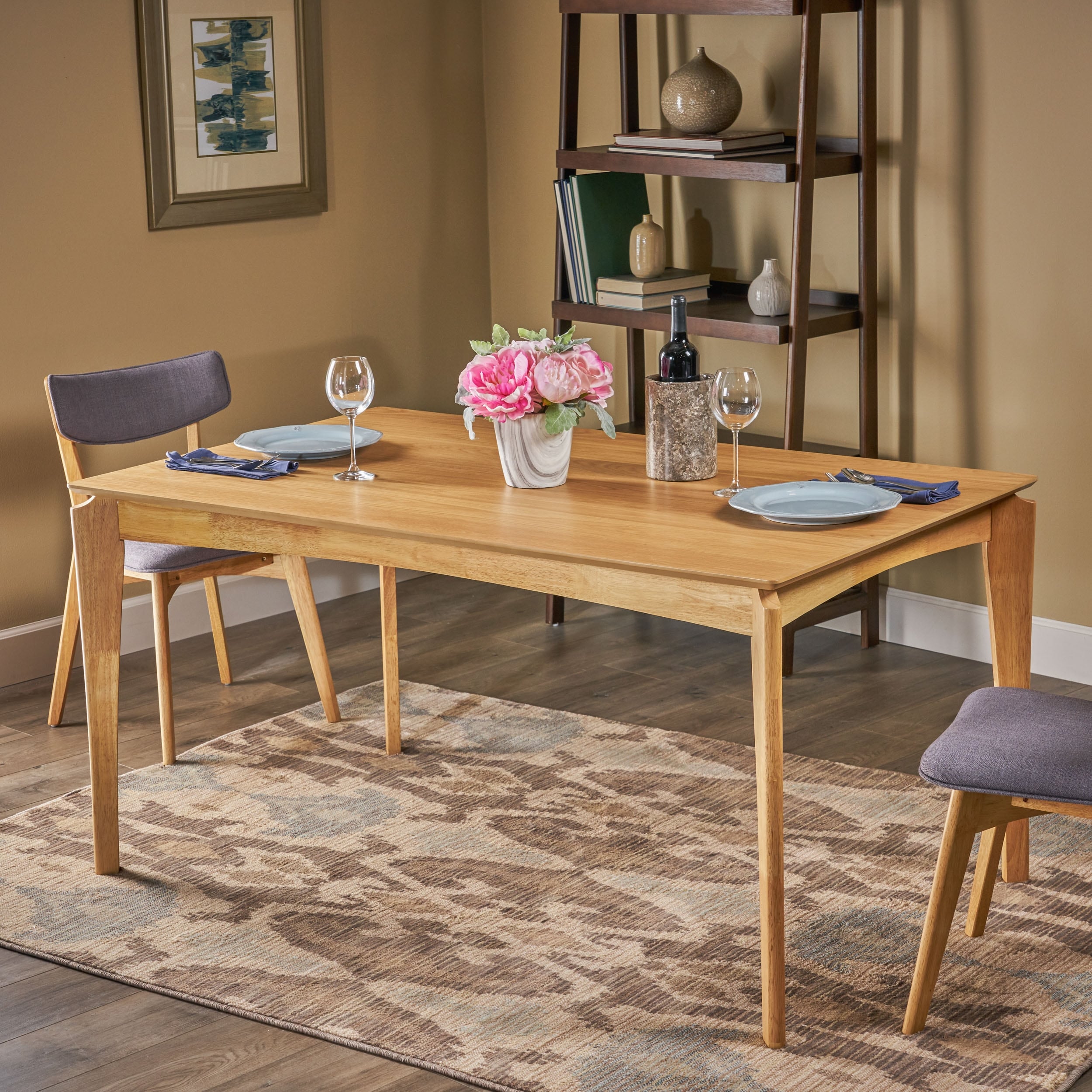 Dining Table 6 Seater Rubberwood with Walnut Veneer Mid Century Natural Oak Finish