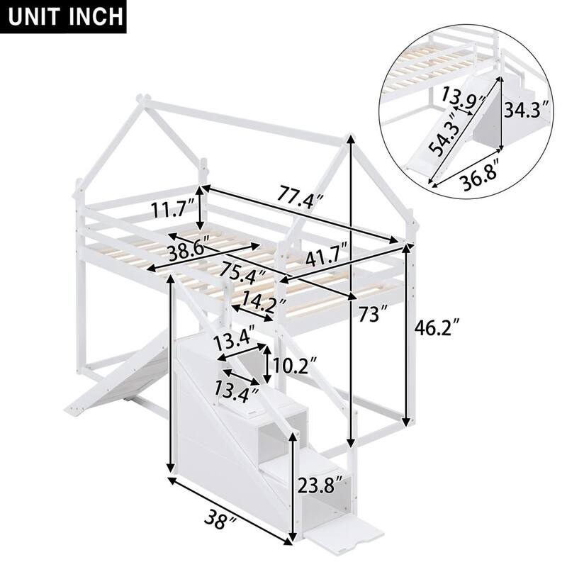 Twin over Twin House Loft or Bunk Bed with Slide and Staircase