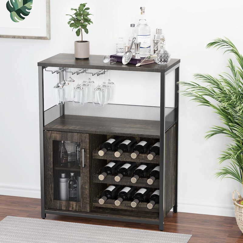 3-Tier Wine Bar Cabinet with LED Lights, Detachable Wine Rack and Storage Space, Small Liquor Bar Cabinet