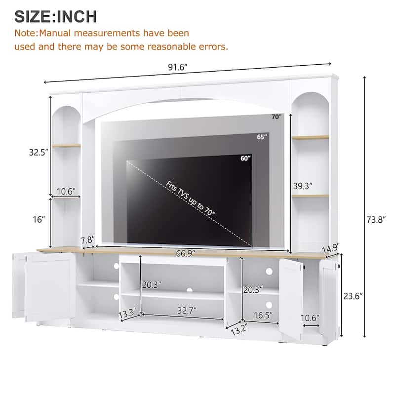 91" Arched Entertainment Center TV Stand with Bookshelves, Farmhouse Media Console, Large Wood Wall Unit for TVs Up to 70"