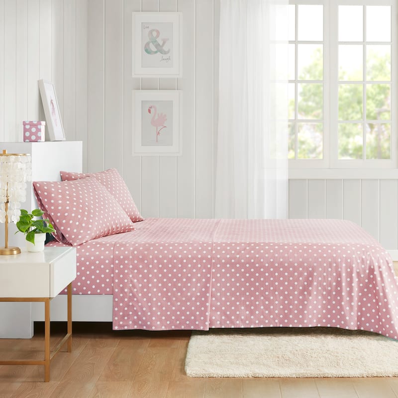 Intelligent Design Polka Dot Printed 100% Cotton Sheet Set - Pink - Twin