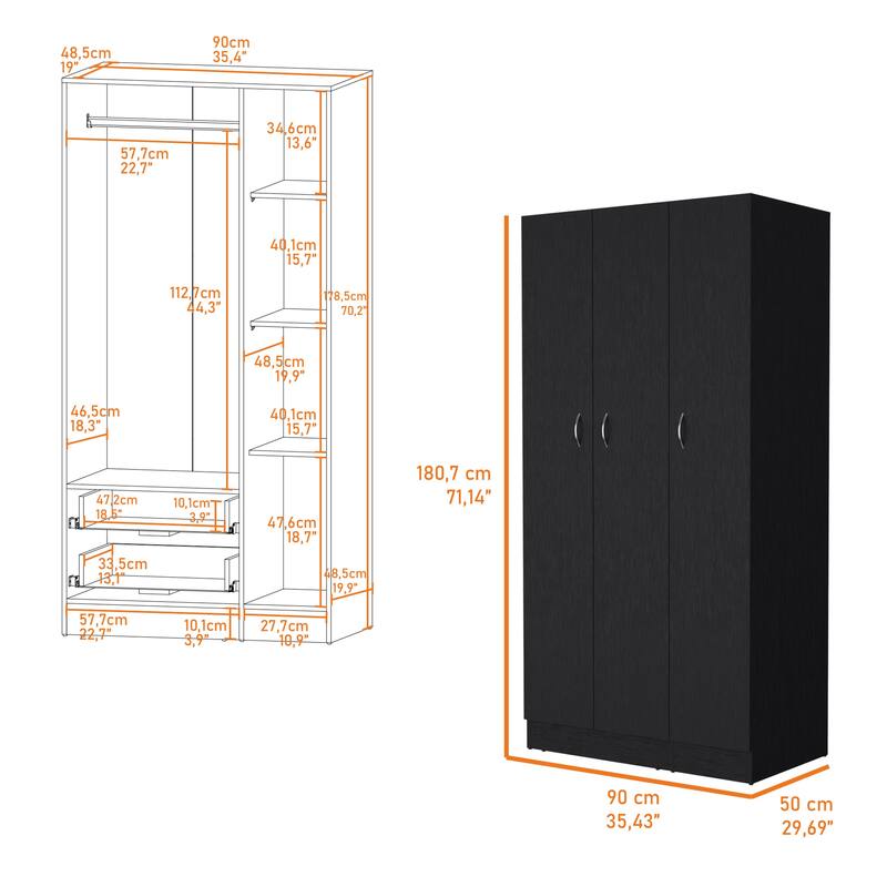 Augusta 3-Door Wardrobe with Hanging Rod White