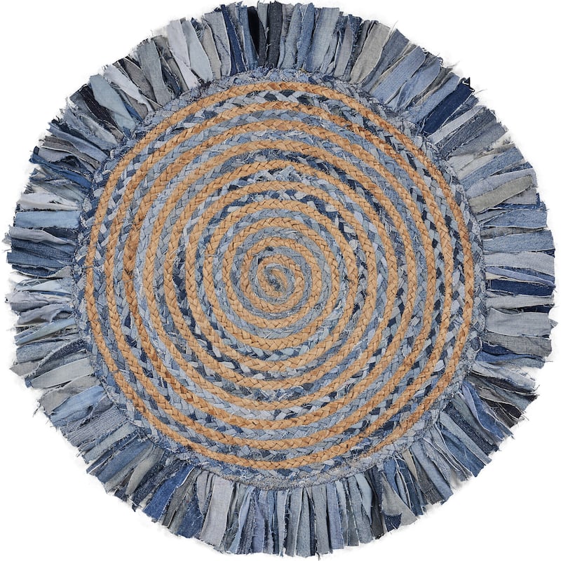 Bera Boho Braided Fringed Jute Indoor Area Rug by Sevita - 5'6" Round