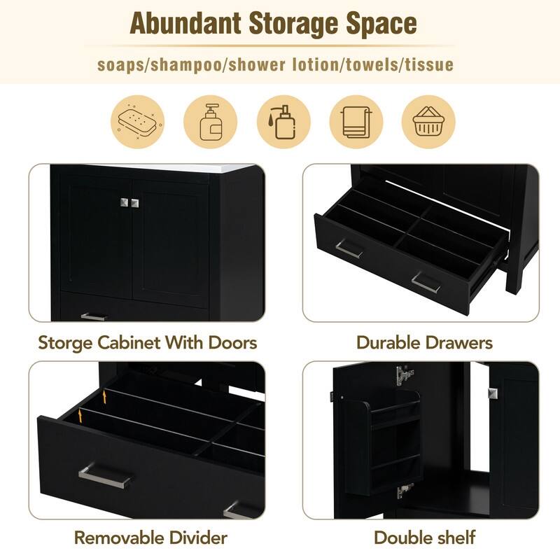 30" Black Solid Wood Bathroom Vanity Set - Undermount Sink Combo with 2 Doors, 1 Drawer & Soft-Close Mechanism‌