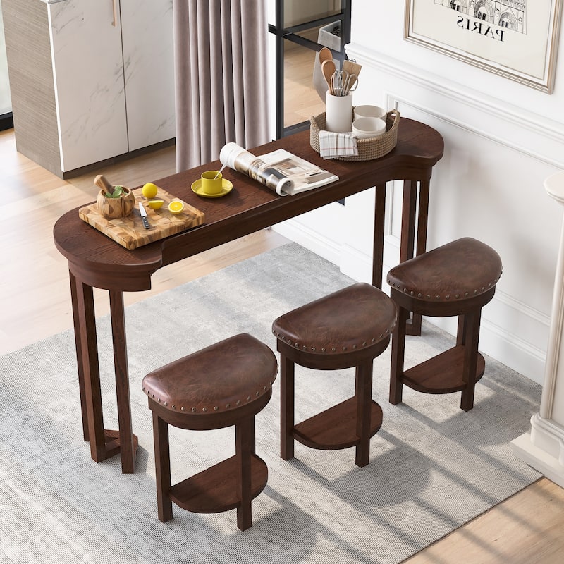 4 Piece Bar Table Set with 3 Bar Stools, Breakfast Table with 3 Padded Stools Solid Wood Counter Height Dining Table Set - Cherry