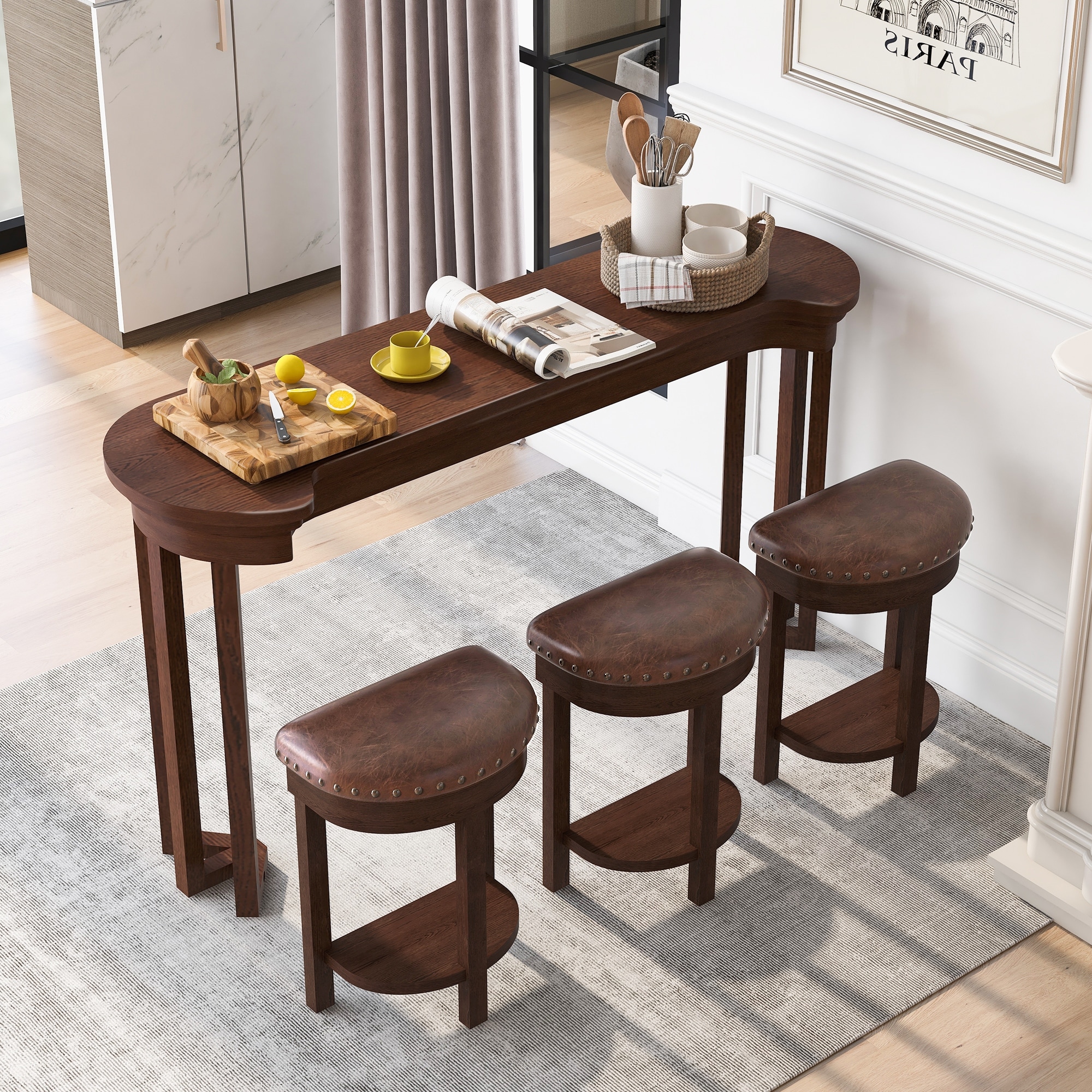 4 Piece Bar Table Set with 3 Bar Stools, Breakfast Table with 3 Padded Stools Solid Wood Counter Height Dining Table Set
