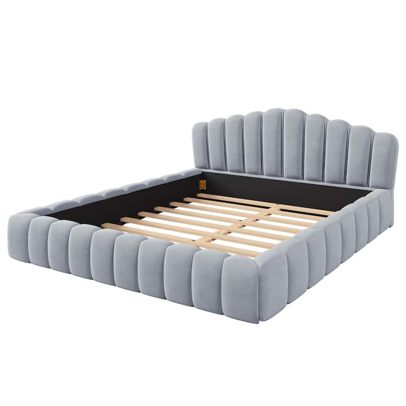 Queen Size Floor Platform Bed with Shell-Shaped Headboard, Modern Velvet Upholstered Bedframe with Cushioning All Around Guards