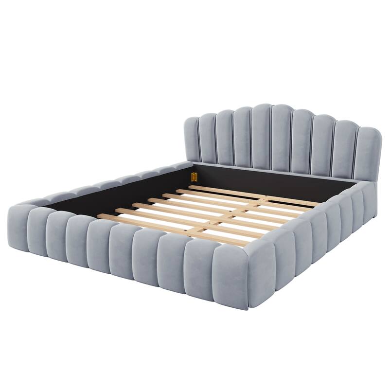 Upholstered Queen Size Platform Bed Frame with Shell-Shaped Headboard, Velvet Low Grounded Bed for Bedroom, No Box Spring Needed