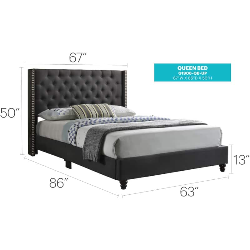Black Queen Bed with Transitional Upholstered Frame, Plush Headboard and Sleek Finish for Comfortable Bedroom Retreats