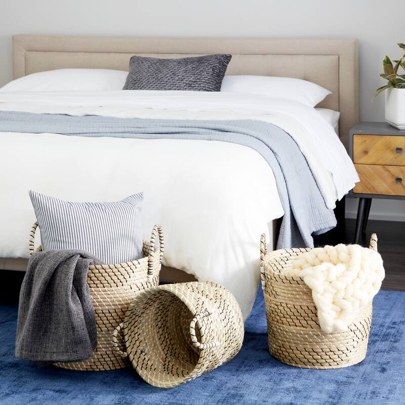 Beige Seagrass Handmade Two Toned Decorative and Functional Storage Basket with Handles (Set of 3) - Beige