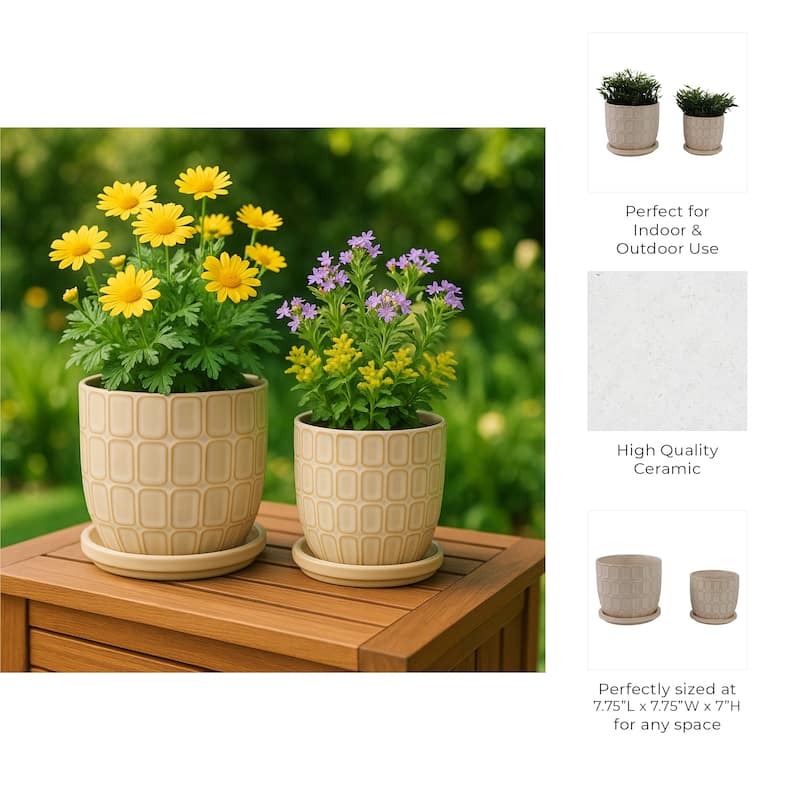 Decorative Ceramic Platner with Pattern - Set of 2, 8", 6", Ivory