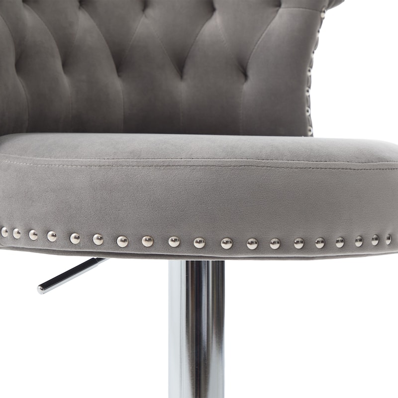 Velvet Upholstered Bar Stool Set of 2, Adjusatble Height Swivel Bar Stools, Dining Chairs with Curved Backrest & Footrest