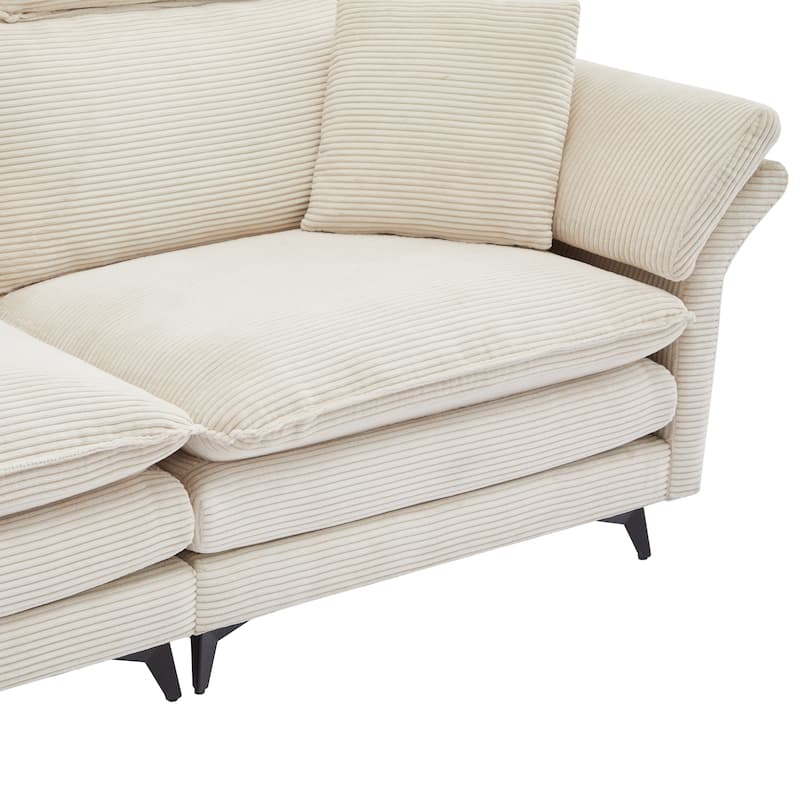Corduroy Loveseat Sofa, Deep Seat Sectional Sofa wMovable Ottoman & 2 Pillows Upholstered Tufted Couch for Living Room