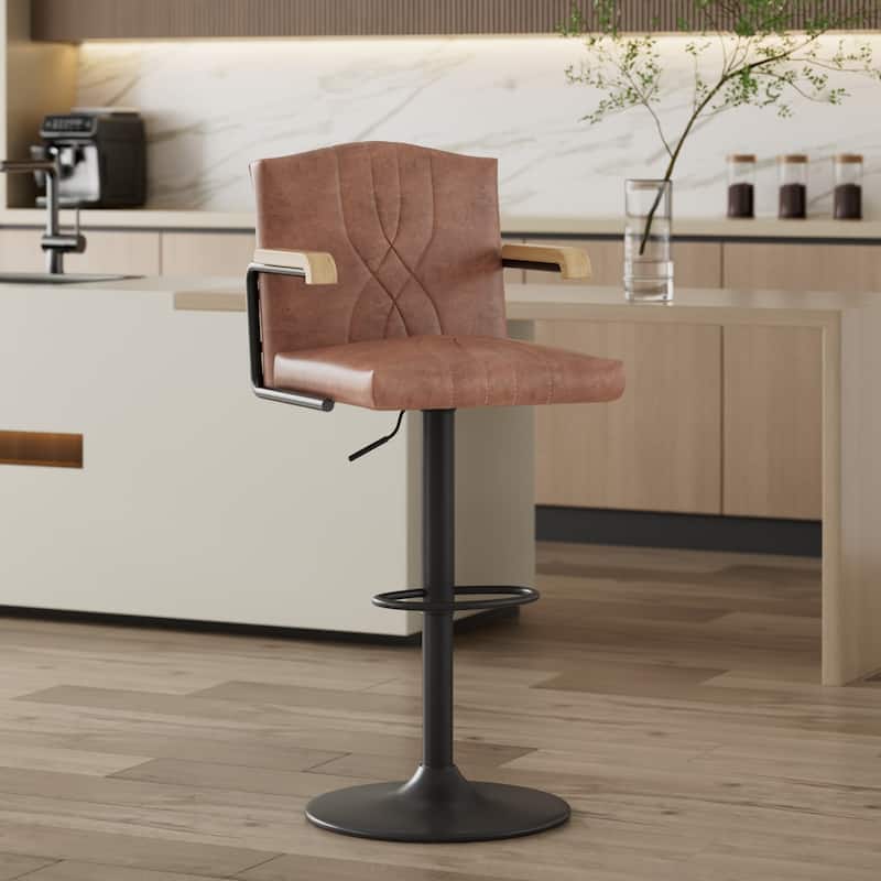 Javlergo 2-Piece & 4-Piece Adjustable Height Bar Chairs Brown PU Leather with Wave Pattern Armrests Black Base with Arc Footrest