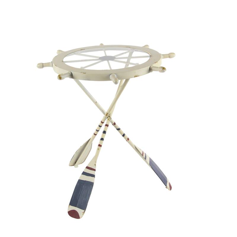 White Metal Ship Wheel Top Accent Table with Oar Shaped Legs