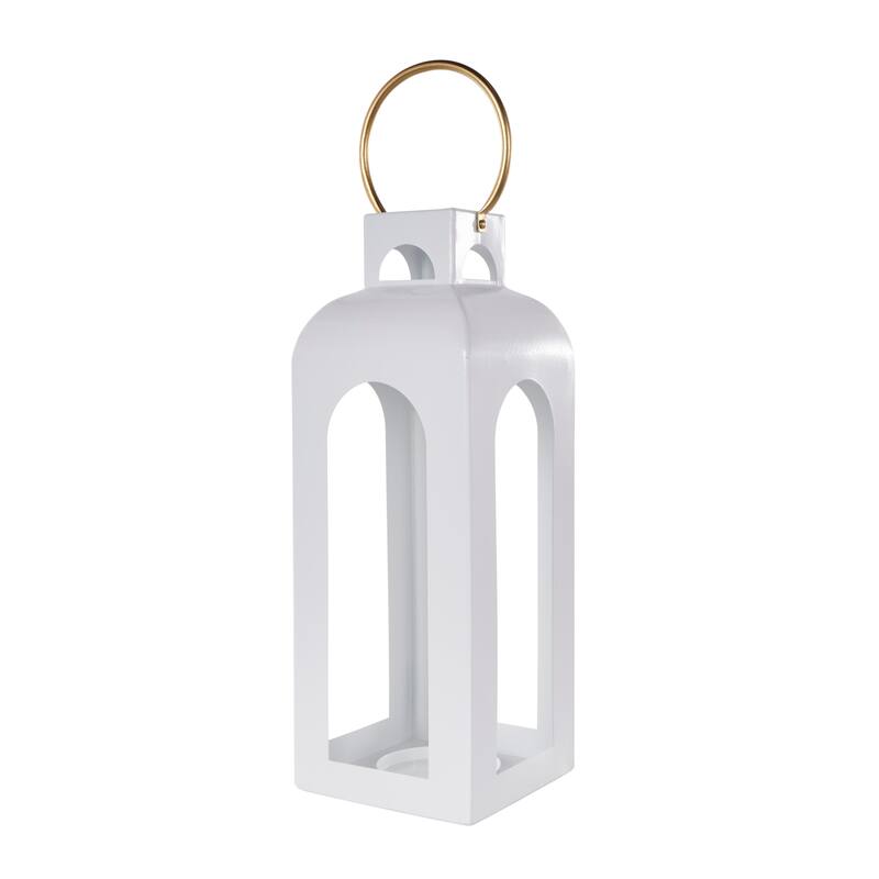 White Metal Tall Arched Cutout Candle Lantern with Gold Handle