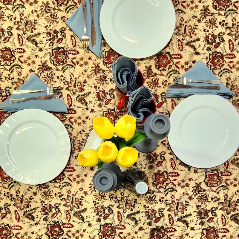 Blooming Flower Block Print Floral Cotton Tablecloth Collection