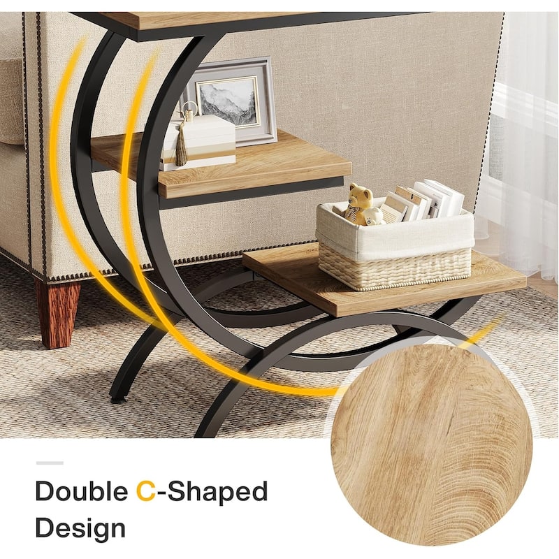 C-Shaped End Table, Industrial 3-Tier Side Table, Wood Bedside Table