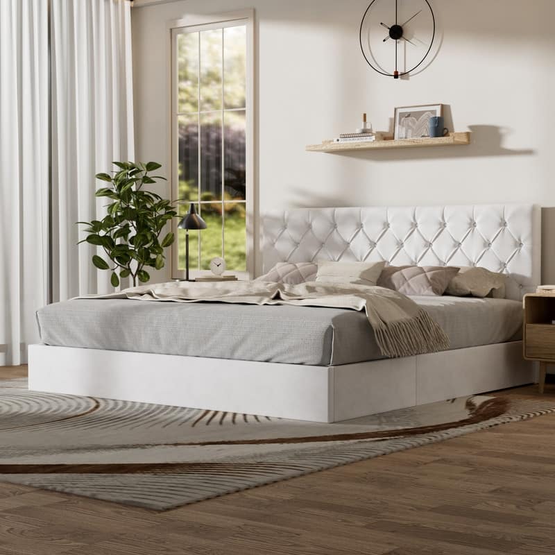 Plywood Frame Upholstered Platform Bed with Lift-up Storage Supported by Metal and Wooden Slats - White - King