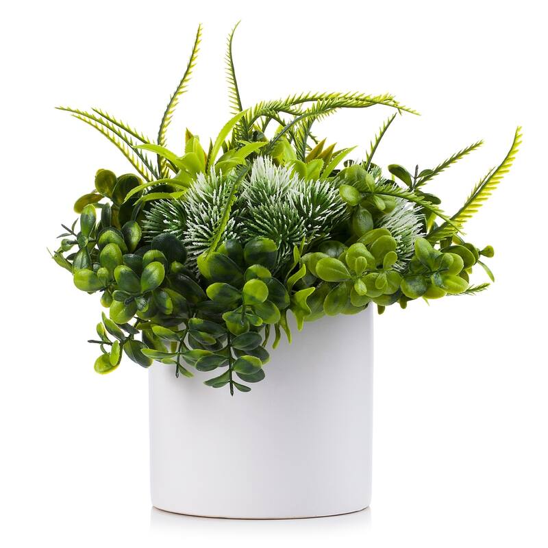 Enova Home Artificial Mixed Eucalyptus Grasses Fake Plants Arrangement in White Ceramic Vase for Home Office Decoration - White Green
