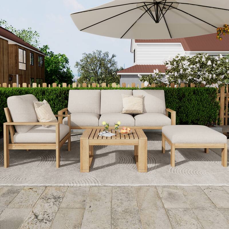 4-Piece Outdoor Wood Sectional Sofa Set, Water-Repellent Patio Sofa with Cushions and Coffee Table - Light Gray,Teak