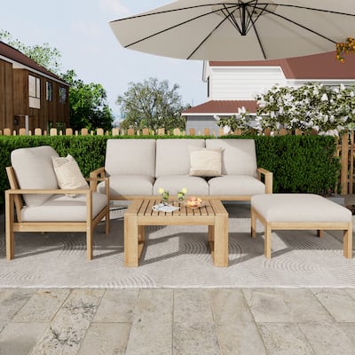 4-Piece Outdoor Wood Sectional Sofa Set, Water-Repellent Patio Sofa with Cushions and Coffee Table