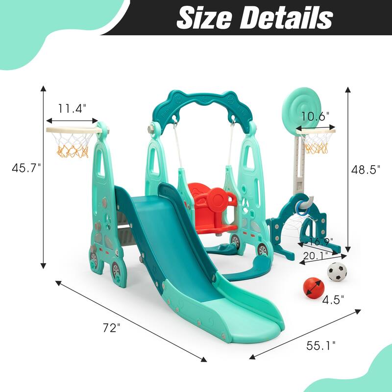 5-in-1 Kids Slide with Swing, Basketball Hoop and Toss Ring
